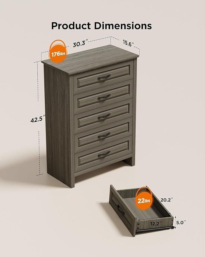 Pipishell Grey 5 Drawers Dresser Chests for Bedroom, 42.7 Inch Tall Wooden Dresser, Farmhouse Storgae Organizer with Large Drawers & Bar Handles for Bedroom, Entryway, Hallway, Grey
