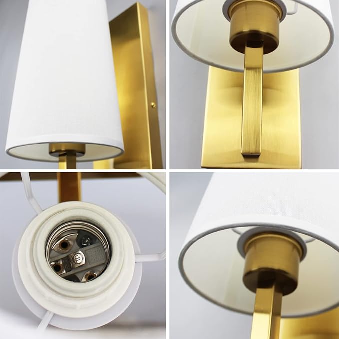 Gold Wall Sconces Set of Two Mid-Century Modern Fabric Shade Sconces Wall Lighting Indoor Brass Wall Lamp for Bedroom Hallway Living Room