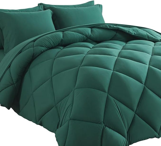 Cosybay Bed in a Bag Full Comforter Sets 7pcs All Season Solid Down Alternative Bedding Sets Dark Green with Comforter, Pillow Shams, Flat Sheet, Fitted Sheet and Pillowcases