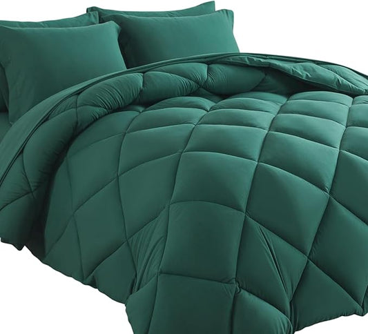 Cosybay Bed in a Bag King Comforter Sets 7pcs All Season Solid Down Alternative Bedding Sets Dark Green with Comforter, Pillow Shams, Flat Sheet, Fitted Sheet and Pillowcases
