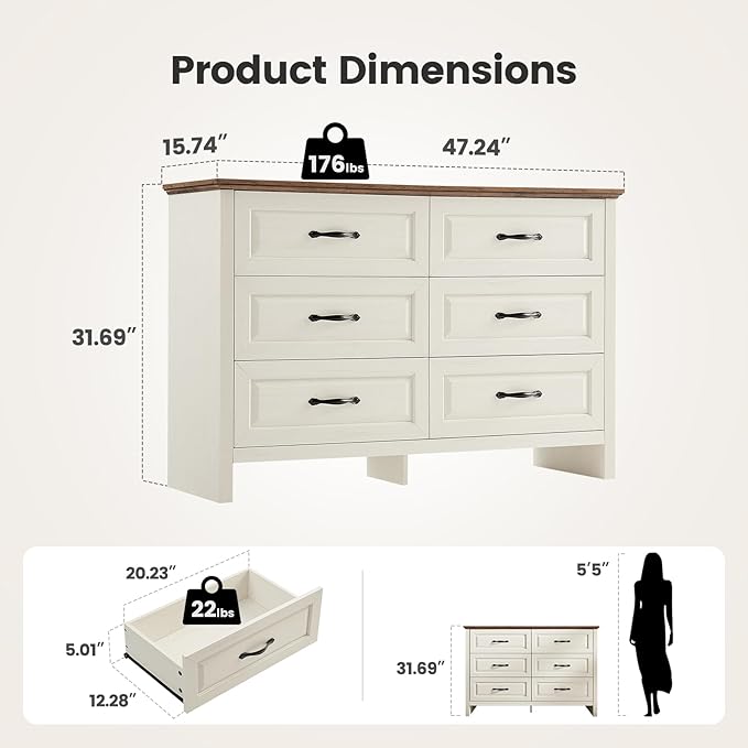 Amada Farmhouse 6 Drawer Dresser for Bedroom, 47.2 Inch Wide Wood Dresser with Natural Texture, Large Drawers, Rustic Farmhouse Chest of Drawers for Bedroom, Living Room, Hallway, Brown & White
