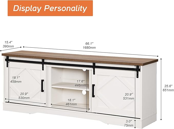 WAMPAT Modern Farmhouse TV Stand for TVs up to 75 inch with Sliding Barn Door,Wood Entertainment Center with Adjustable Media Storage Shelf for Living Room, Cream White