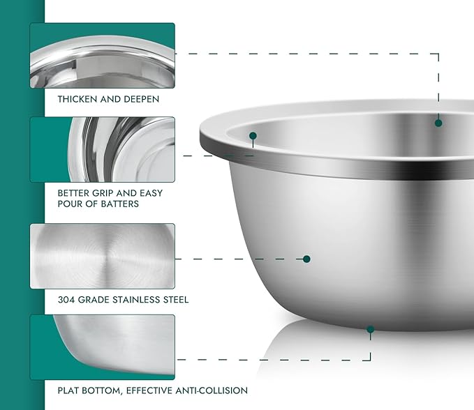 Enther Mixing Bowls - Set of 6 Stainless Steel Mixing Bowls with 304 Stainless Steel - Heavy Duty, Easy To Clean, Nesting Bowls Space Saving Storage, Great for Cooking, Baking, Salad, Silver