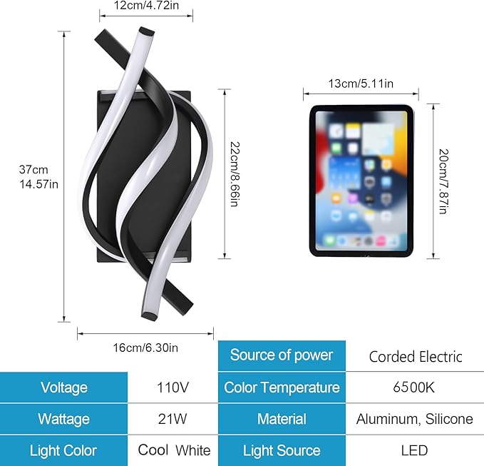 AUA LED Wall Sconce, 21W Modern Spiral Wall Sconce Lighting, 6500K Cool White Indoor Wall Light for Bedroom Living Room Office Restaurant Hallway, Wall Mounted Lamp