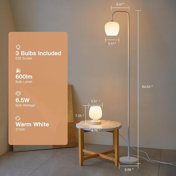 ONEWISH Lamp Set of 3 - Touch Bedside Table Lamps Set of 2 and 1 Floor Lamp, Modern Lamps for Bedroom Living Room Nightstand, White Opal Glass Lamp Shade, LED Bulbs Included Simple Design