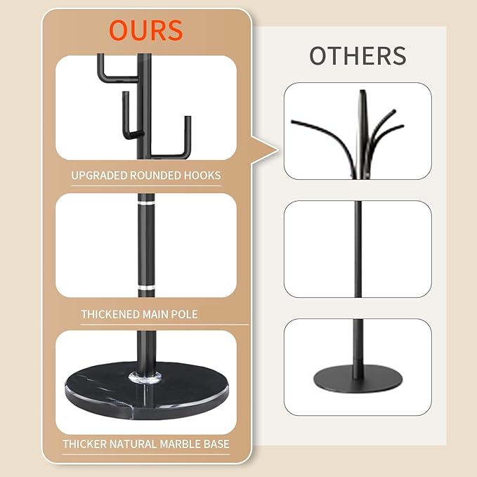 Modern Metal Coat Rack Stand with Natural Marble Base, Heavy Duty Coat Rack Freestanding with 8 Hooks, Black Cactus Standing Coat Racks for Bag, Jacket, Entryway Office (Black Cactus)