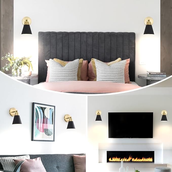 Black and Gold Battery Operated Wall Sconce Set of 2, Rechargeable Wall Light with Remote, 3CCT Dimmable Wireless Wall Lamp, LED Cordless Sconce for Living Room Hallway,12 RGB Colors,180°&330°Rotation