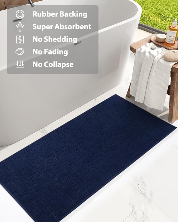 AMOAMI-Bath Mat-Absorbent Quick Dry Bathroom Floor Mats-Washable Rubber Backing Bath Mats for Bathroom Rugs Fit Under Door-Bath Rug for in Front of Sink Bathtub Shower Room, Navy 24''x70''