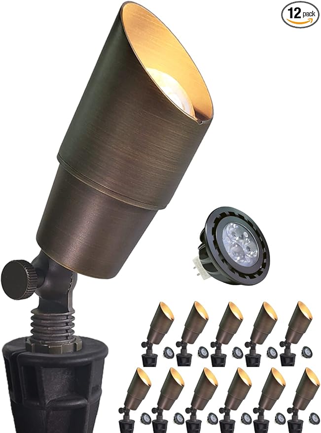 MALORY Brass Landscape Spotlight 12-Pack with Bulb(S01), Low Voltage 12V AC/DC LED Outdoor Landscape Lighting,PVC Ground Stake and Wire Connector Included, Garden Patio Trees Spot Uplight