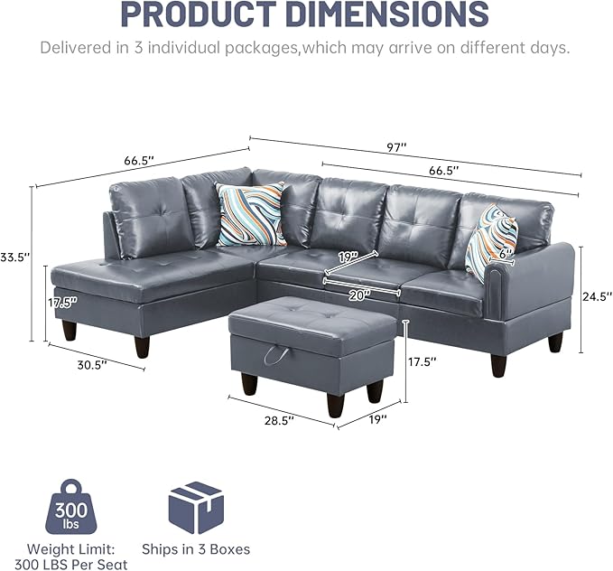 L-Shape 3-Piece Cloud Sofa, Couch for Living Room, Dark Grey Faux Leather L-Shape with Reversible Chaise & Storage Ottoman, Ergonomic 110–115° Recline, Solid-Wood Frame