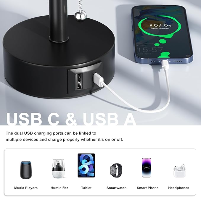 USB Bedside Table Lamps Set of 2-3 Color Temperatures Pull Chain Lamp with USB C and A Charging Ports, Round Night Stand Lamps for Bedroom