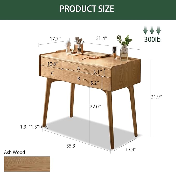 Small Vanity Desk, Solid Wood Dressing Table with Drawer Divider, Study Desk and Vanity Desk for Bedroom, 31" D x 18" W x 32" H