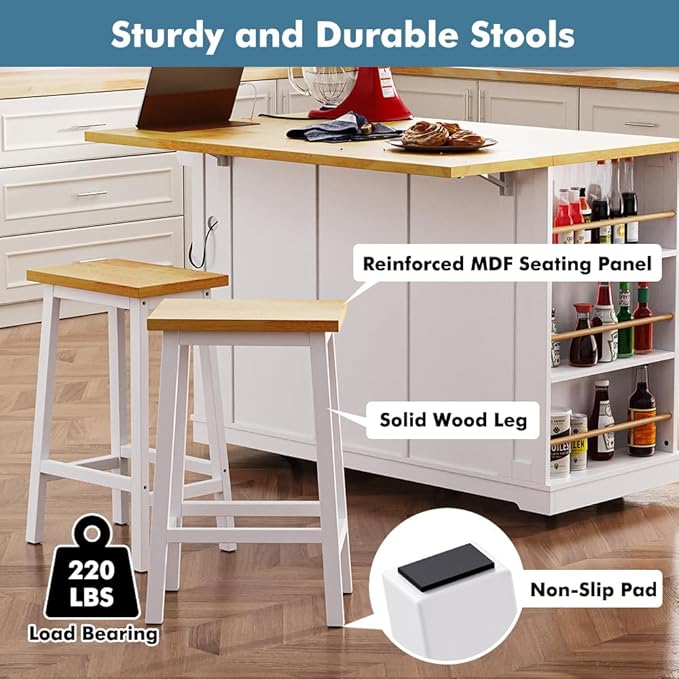 Rolling Kitchen Island with 2 Bar Stools, Kitchen Cart on Wheels with Drop Leaf, Mobile Kitchen Storage Cart with Power Outlet, 53 Inch Width (with 2 Bar Stools: White)