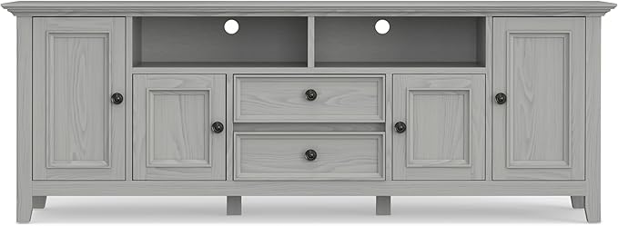 SIMPLIHOME Amherst 72-inch Wide Solid Wood TV Stand in Fog Grey, Transitional-Style Media Console for Living Room with Cable Management and Adjustable Shelves, Fits 80" TVs