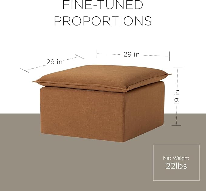 Maven Lane Claude Large Square Rustic Upholstered Ottoman, Cushioned Footrest for Living Room Couch, Chair, or Dorm Room in Clay Fabric Upholstery