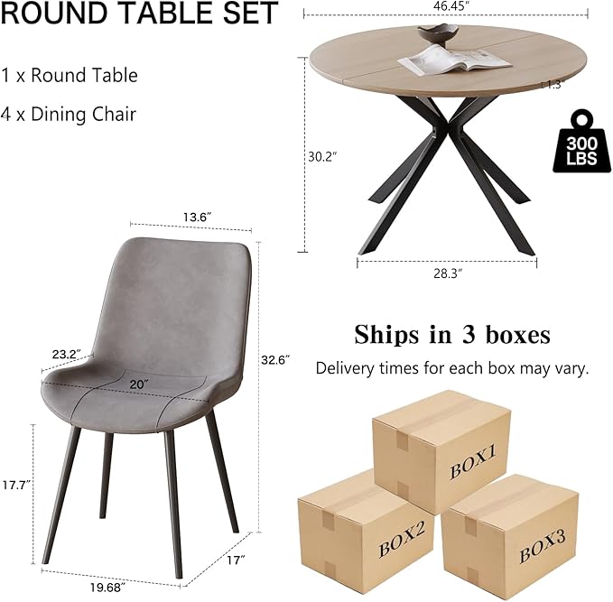 46.4" Round Dining Table Set with 4 Chairs, Modern Dining Set with Comfortable PU Leather Chairs, Sturdy MDF Table with X-Shaped Base, Easy Assembly, Ideal for Dining Room or Kitchen