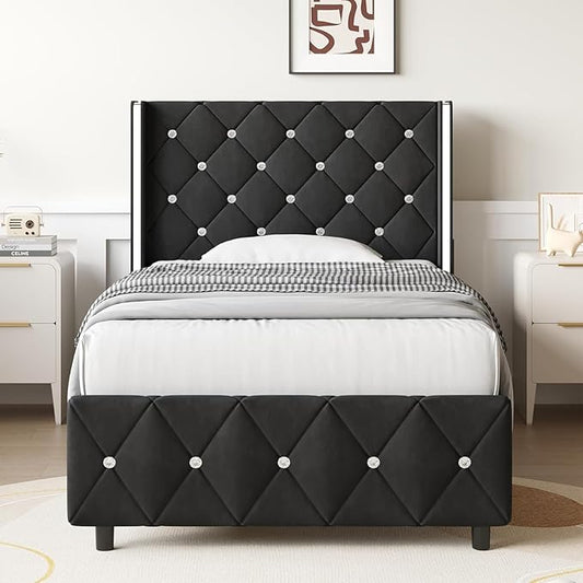 Twin Bed Frames, Upholstered Platform Bed Twin Size with Diamond Tufted Headboard, Modern Velvet Bed Frame with Wingback Design, No Box Spring Needed, Easy Assembly, Black