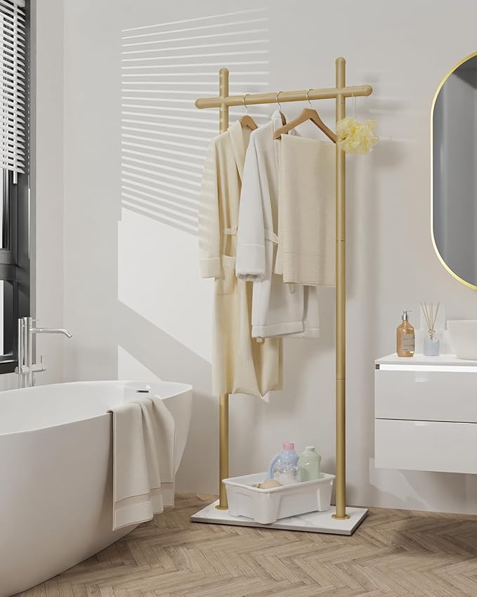 Coat Rack Freestanding with Natural Rock Base, Metal Coat Hanger Stand, Industrial Garment Rack, Clothes Tree for Bedroom Living Room Office To Hang Outerwear, Hats, 68.9in, Gold