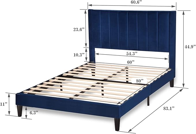 Allewie Queen Platform Bed Frame/Velvet Upholstered Bed Frame with Vertical Channel Tufted Headboard/Strong Wooden Slats/Mattress Foundation/Box Spring Optional/Easy Assembly/Navy Blue