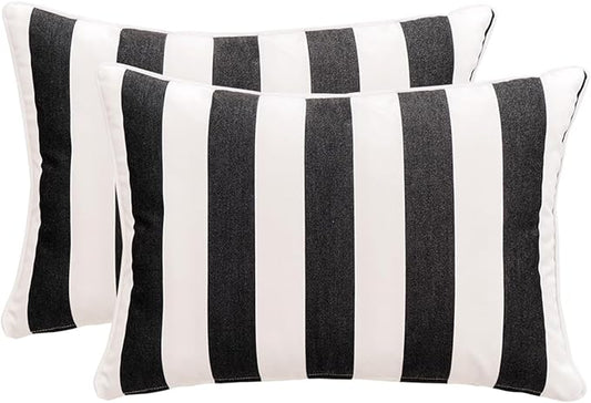 Decorative Patio Throw Pillows Pack of 2 Water Resistant Pillow Set of 2(18" x 12") Double Printed Rectangle Pillow for Outdoor Sofa&Chair,Black Stripes