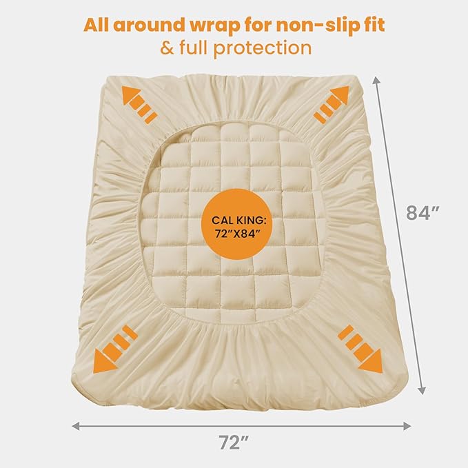 MATBEBY California King Quilted Fitted Mattress Pad - Breathable, Fluffy, Cooling, Deep Pocket, Machine Washable, Beige