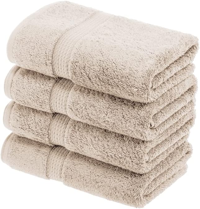 Superior Egyptian Cotton Pile Hand Towel Set of 4, Ultra Soft Luxury Towels, Thick Plush Essentials, Absorbent Heavyweight, Guest Bath, Hotel, Spa, Home Bathroom, Shower Basics, Stone