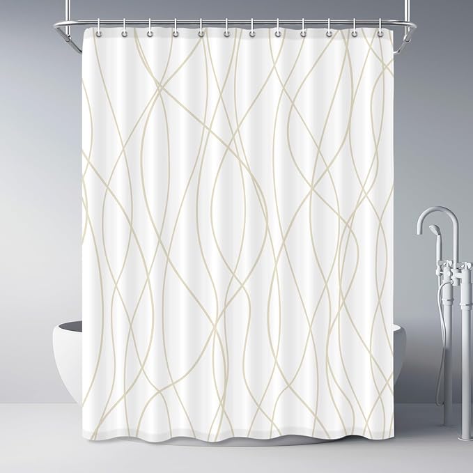 Punkray Beige Khaki Shower Curtain for Bathroom with Hooks, Extra Long Shower Curtain Set Stripe Bath Curtains Decorative White Shower Curtains Weighted Hem Water Repellent Washable, 72 x 84