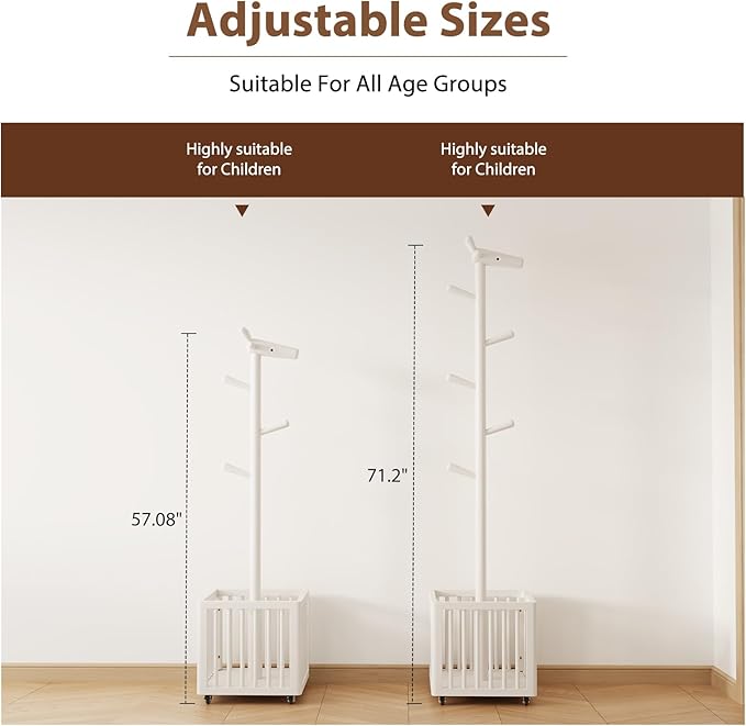 Coat tree freestanding heavy duty，Wooden coat rack freestanding for Entrance, Bedroom, Living room(White)