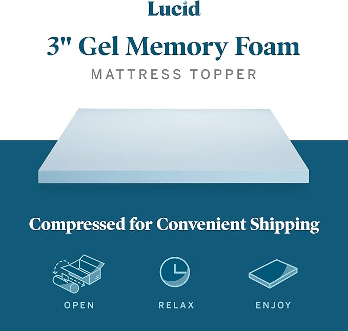 LUCID 3 Inch Mattress Topper Full XL - Gel Infused Memory Foam – Memory Foam Mattress Topper Full – Ventilated Design – CertiPur Certified