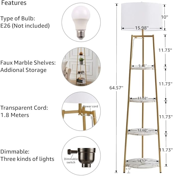 Floor Lamp, Standing Reading Light with Shelves and Fabric Shade, Modern Tall Pole Lamp, Accent Furniture Décor Lighting for Living Room, Bedrooms (Gold, 4-Tier)
