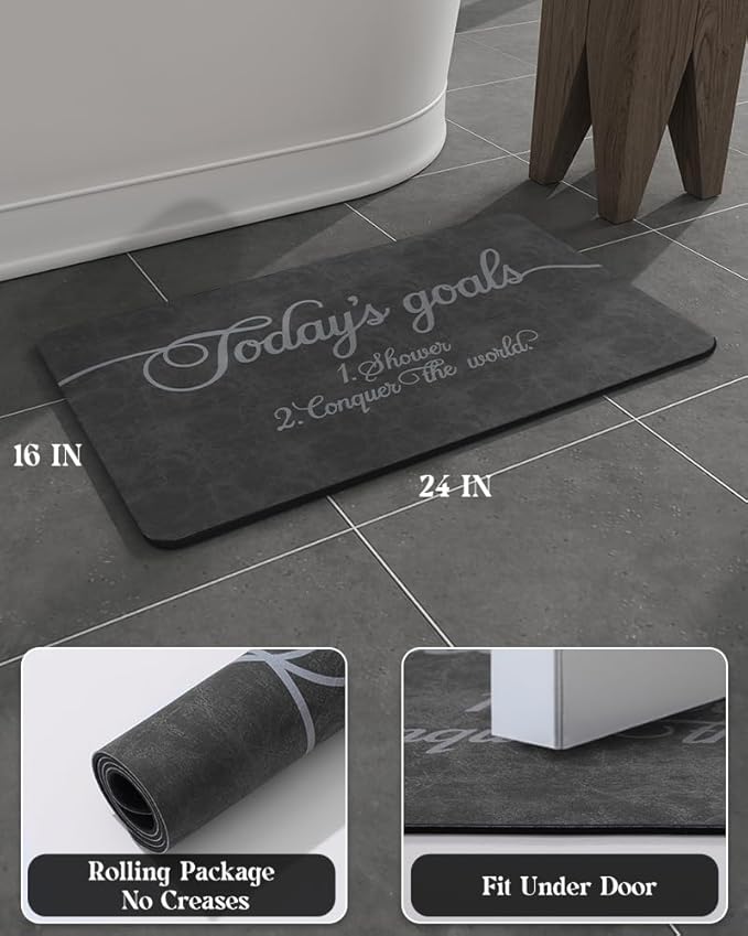 MontVoo -Bath Mat Rug- Non Slip Quick Dry Absorbent Thin Bathroom Rugs Fit Under Door-Faux Suede Surface Bathroom Floor Mats-Shower Rug for in Front of Bathtub Shower 16"X24" Dark Grey Text Pattern