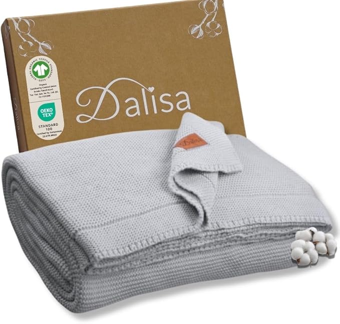 Dalisa 100% Organic Turkish Cotton Throw Blanket - GOTS Certified, Cozy - Perfect for Couch, Bed, and Home Decor - Boho Vintage Knit Alina (Harbor Mist, 50x60)