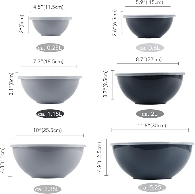 BoxedHome BPA Free Plastic Round Mixing Bowl with Lids, 12 Pack Nesting Bowls with Lids Set, Microwave and Dishwasher Safe Prep & Serving Bowls Great for Mixing, Baking, Serving (Haze Blue, 12pcs)