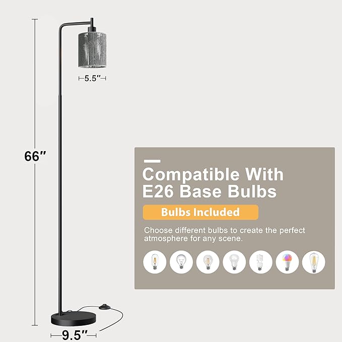 Oneach 66" Black Floor Lamp for Living Room, Boho Floor Lamp with LED Bulb, Foot Switch, Gray Rattan Shade, Industrial Tall Farmhouse Standing Lamp for Bedroom, Dining Room, Study Room, Office