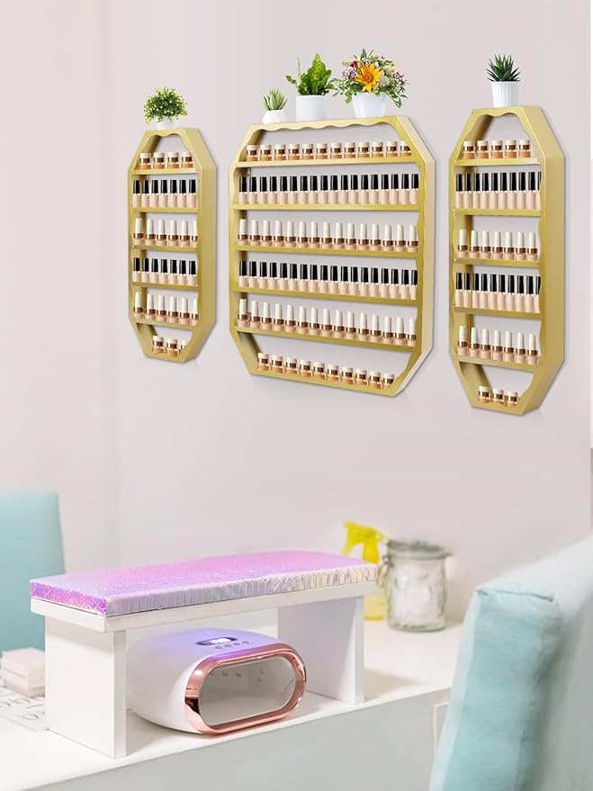 EBANKU Hexagon Nail Polish Racks Heavy Duty Nail Shelfs for Wall Gold Nail Polish Display Rack Cosmetic Display Cases Nail Bottles Organizer Wall Shelf for Home Spa Nail Salon