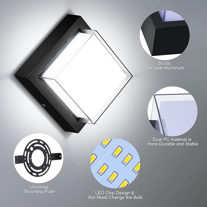 Exterior Wall Lights, Modern Waterproof Outdoor Wall Mount Lighting, Black Square Small Led Porch Light with Anti-Rust 6000K Daylight 12W for Garage, Entryway,House