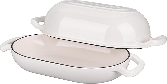 Enameled Cast Iron Sourdough Bread Oven, Dutch Oven, Loaf Cast Iron Bread Pan for Homemade Bread Baking, Meatloaf Pan with Lid, 5QT, White