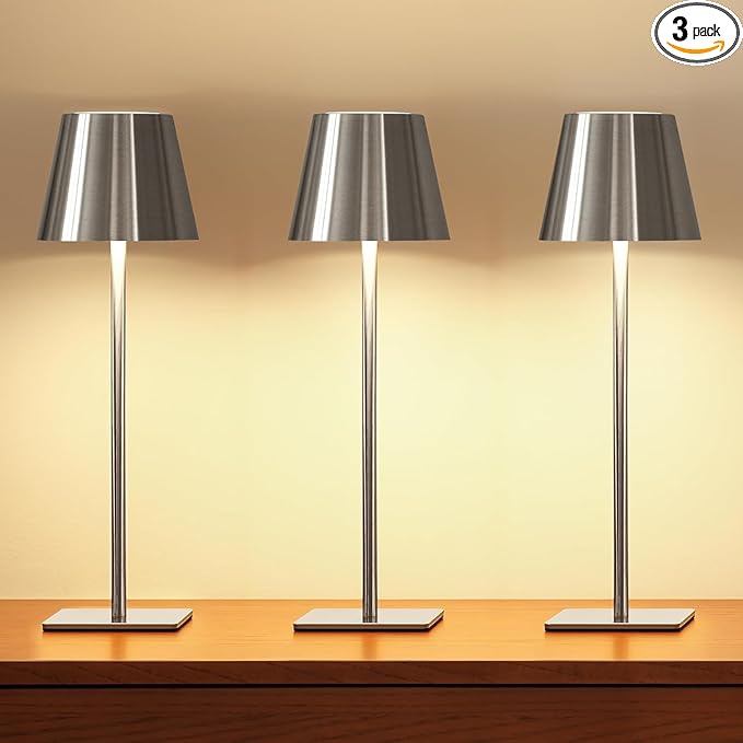 UME 3 Pack Cordless Table Lamp, Battery Operated Lamp - Portable Waterproof Rechargeable Table Lamp w/ 3 Color Temps & Stepless Dimming for Dinner, Desk, Cafe, Outdoor (Brushed Silver)