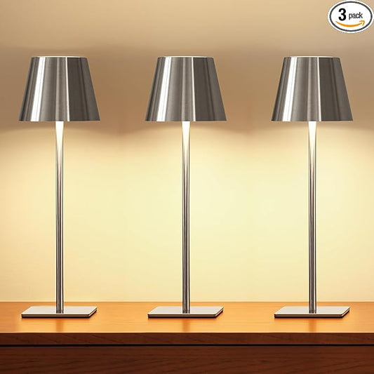 UME 3 Pack Cordless Table Lamp, Battery Operated Lamp - Portable Waterproof Rechargeable Table Lamp w/ 3 Color Temps & Stepless Dimming for Dinner, Desk, Cafe, Outdoor (Brushed Silver)