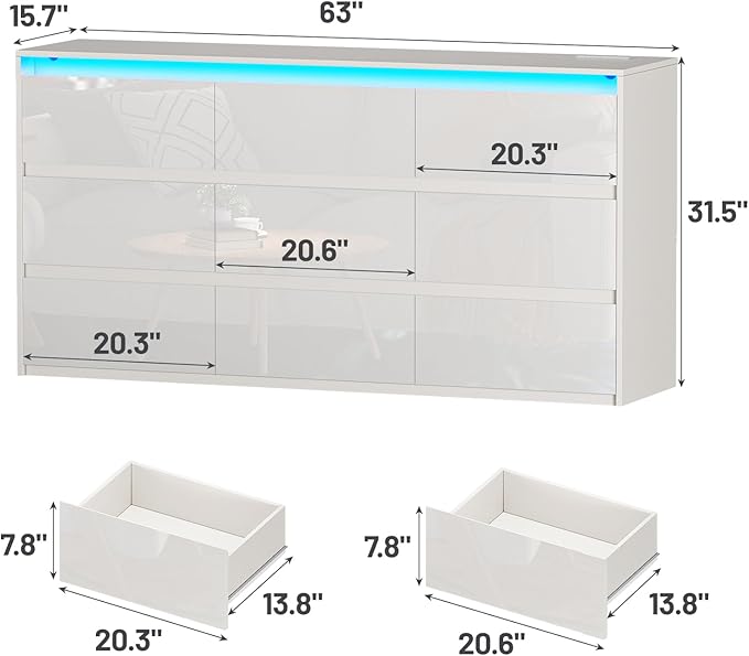 White TV Stand for Bedroom, Storage Cabinet with 9 Drawers Modern Large High Gloss Cabinet for Living Room Office (63" W)