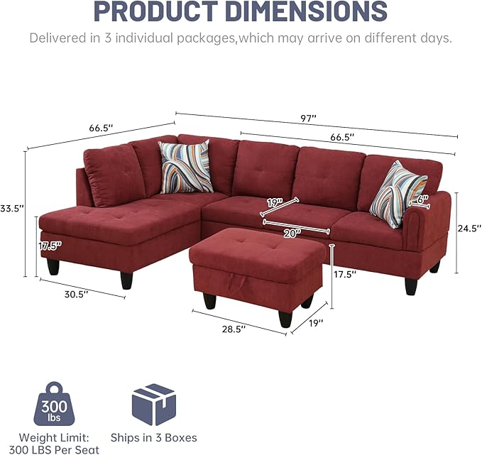 L-Shape 3-Piece Cloud Sofa, Couch for Living Room, Red Fluffy Fabric L-Shape with Reversible Chaise & Storage Ottoman, Ergonomic 110–115° Recline, Solid-Wood Frame