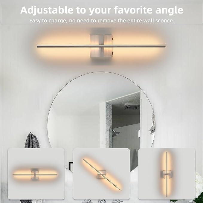 Rechargeable Battery Operated Wall Sconces set of 2, Brushed Nickel Wireless Wall Sconce with Remote Control, 3000K-6000K Dimmable LED Wall Light for Living Room Hallway Bedroom Stairs, 29 Inchs