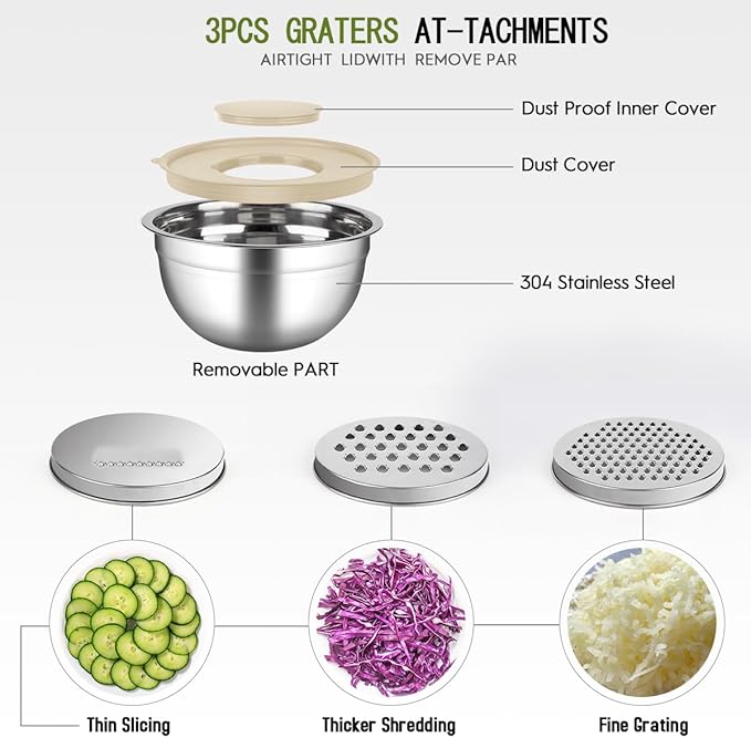 Mixing Bowls With Lids Set,Stainless Steel Mixing Bowls Set With 3 Grater,Metal Nesting Bowls For Kitchen Baking Refrigerator Meal Prep Food Storage Organizer,7 Size(Khaki)