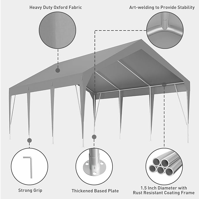 12x20FT Heavy Duty Carport Canopy with Sturdy Frame, Portable Waterproof and UV-Resistant Garage Shelter, Adjustable Height for Car, Boat, Outdoor Storage and Parties Green