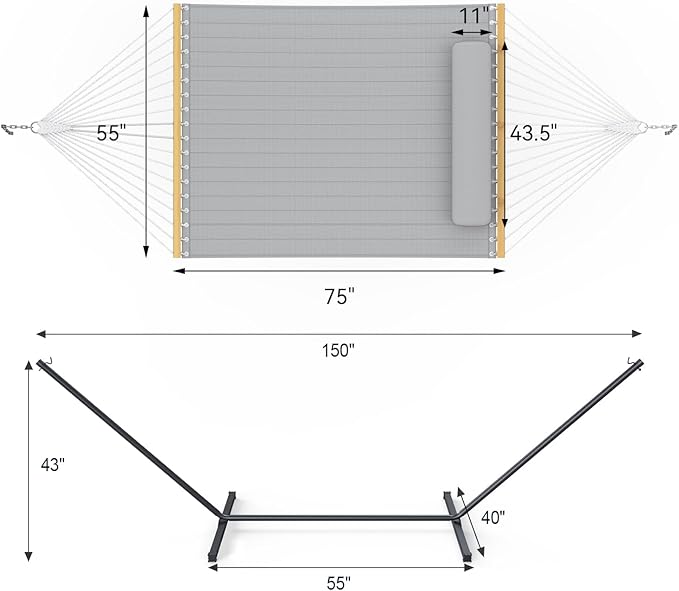 2 Person Outdoor Hammock with Stand, Cotton Rope Hammock with Polyester Pad, Adjustable Steel Frame, Portable with Carrying Bag – for Patio, Backyard, Garden, Beach,Dark-Gray