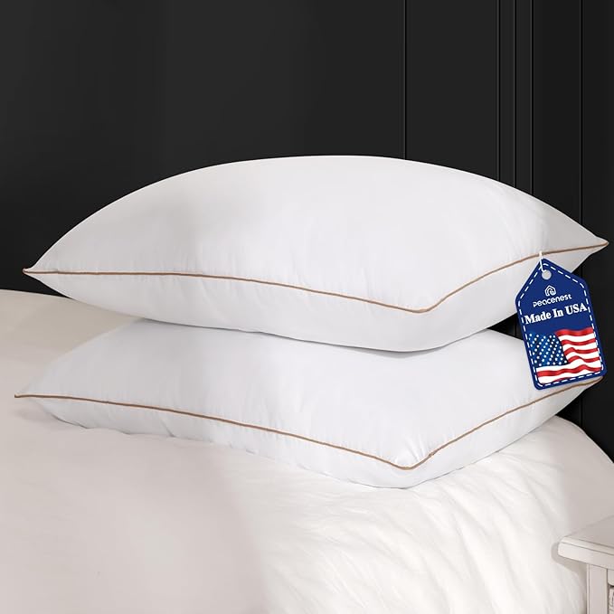 Peace nest Bed Pillows Standard Size 20x26 Inches Set of 2 Made in USA Goose Feathers and Down with Cotton Cover Hotel Collection Luxury Soft Sleeping White Pillow