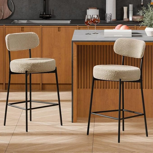 DYHOME Bar Stools Set of 2, 24 Inches Modern Counter Height Bar Stools with Curved Back Metal Legs, Light Brown Upholstered Boucle Barstools for Kitchen Island, Cafe