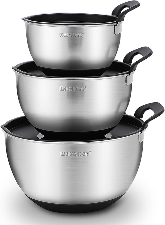 Rorence Stainless Steel Mixing Bowls: Stackable Mixing Bowl Set with Lids and Handles Non-slip Silicone Bottom Nesting Bowls for Kitchen Set of 3 - Black