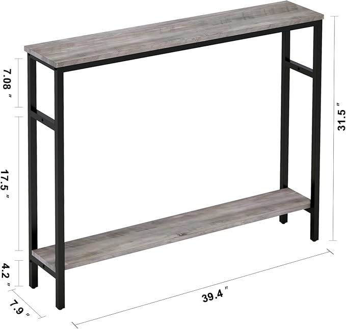 Narrow Console Table, 39.4” Sofa Table with Adjustable Shelf, 2-Tier Long Skinny Table for Hallway, Entryway, Living Room, Foyer, Grey