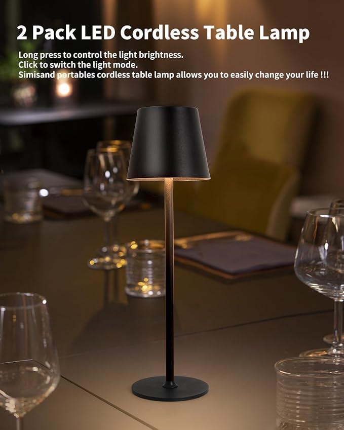 Cordless Table Lamp, Rechargeable Black, 5000mAH Battery Operated Lamp, 3 Color Stepless Dimming Outdoor LED Wireless Lamp for Bedroom/Restaurant/Desk/Cafe/Dining Room